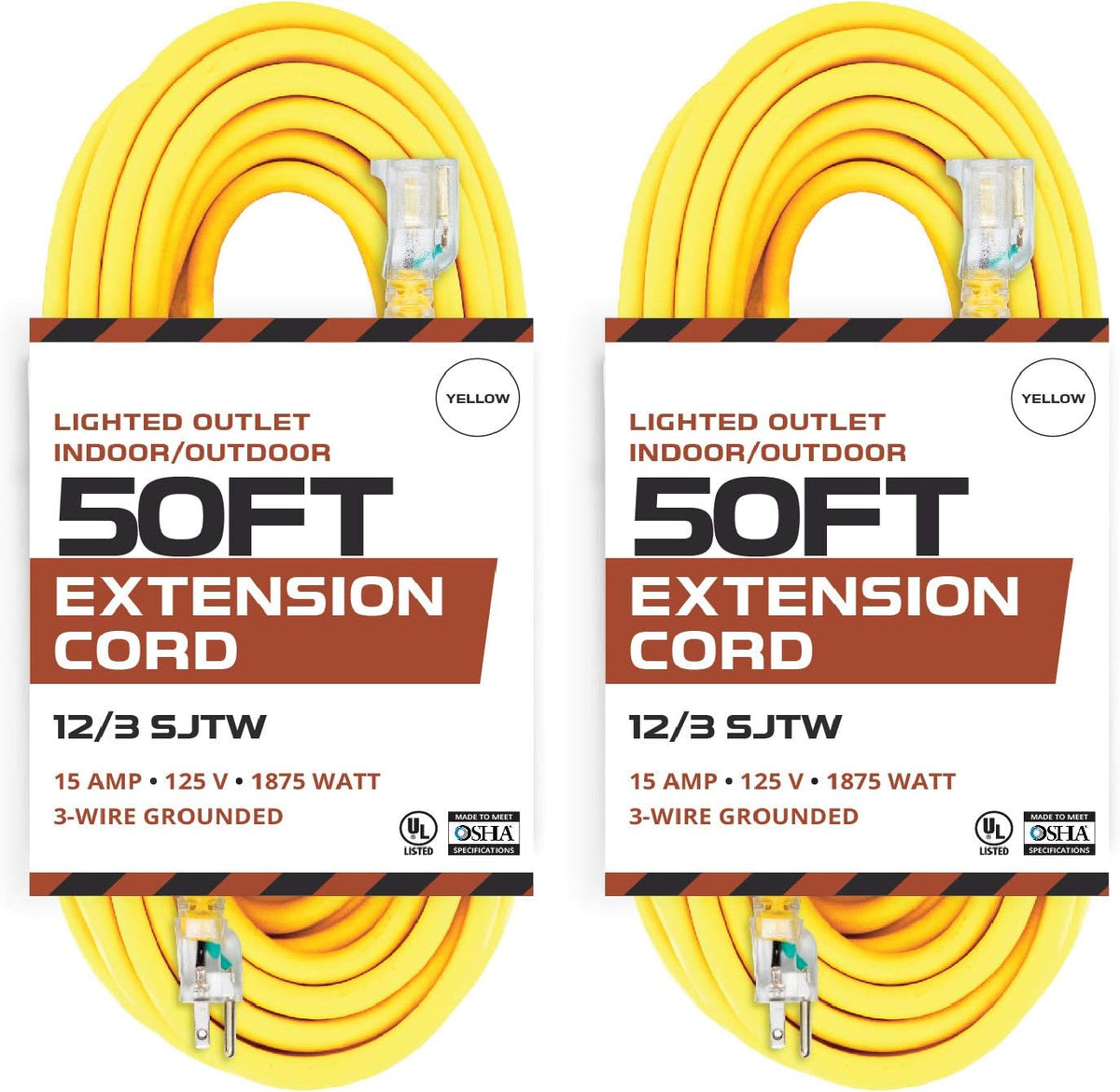 2 Pack of 50 Ft Yellow Heavy Duty 3 Prong Extension Cords Y216