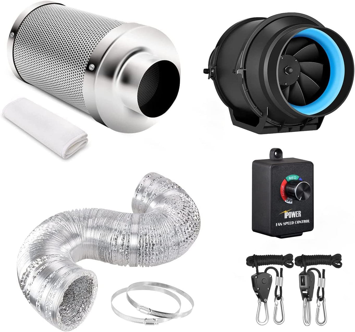 4 Inch 118 CFM Inline Fan Carbon Filter 8 Feet Ducting Combo B2254