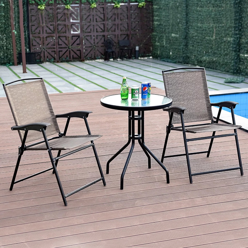 3PC Bistro Patio Furniture Set Folding Chairs Glass Table Top Steel F2648
