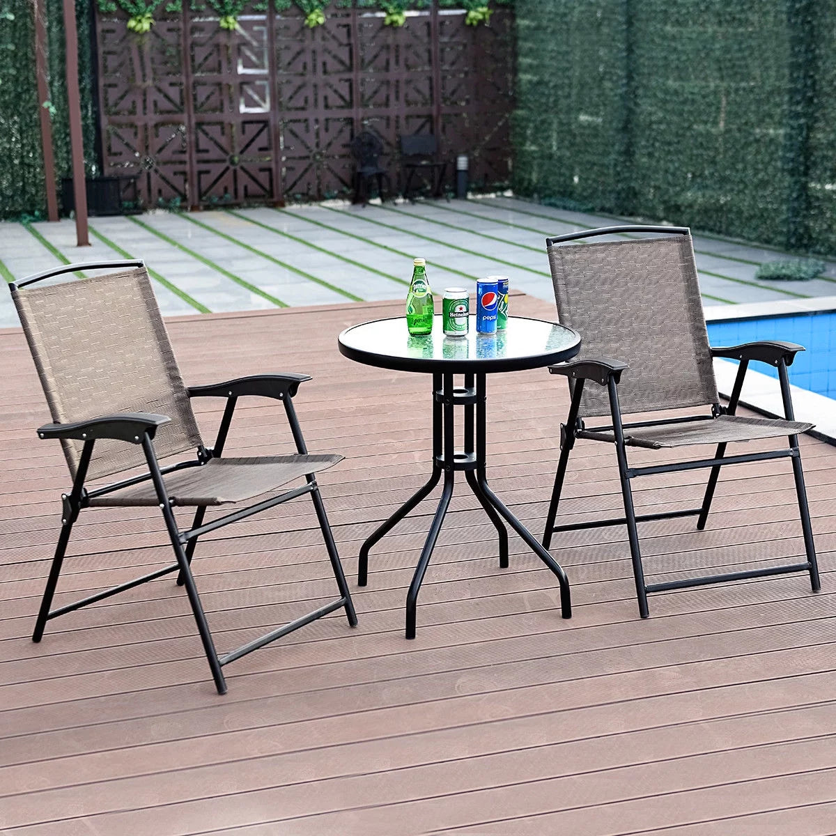 3PC Bistro Patio Furniture Set Folding Chairs Glass Table Top Steel F2648