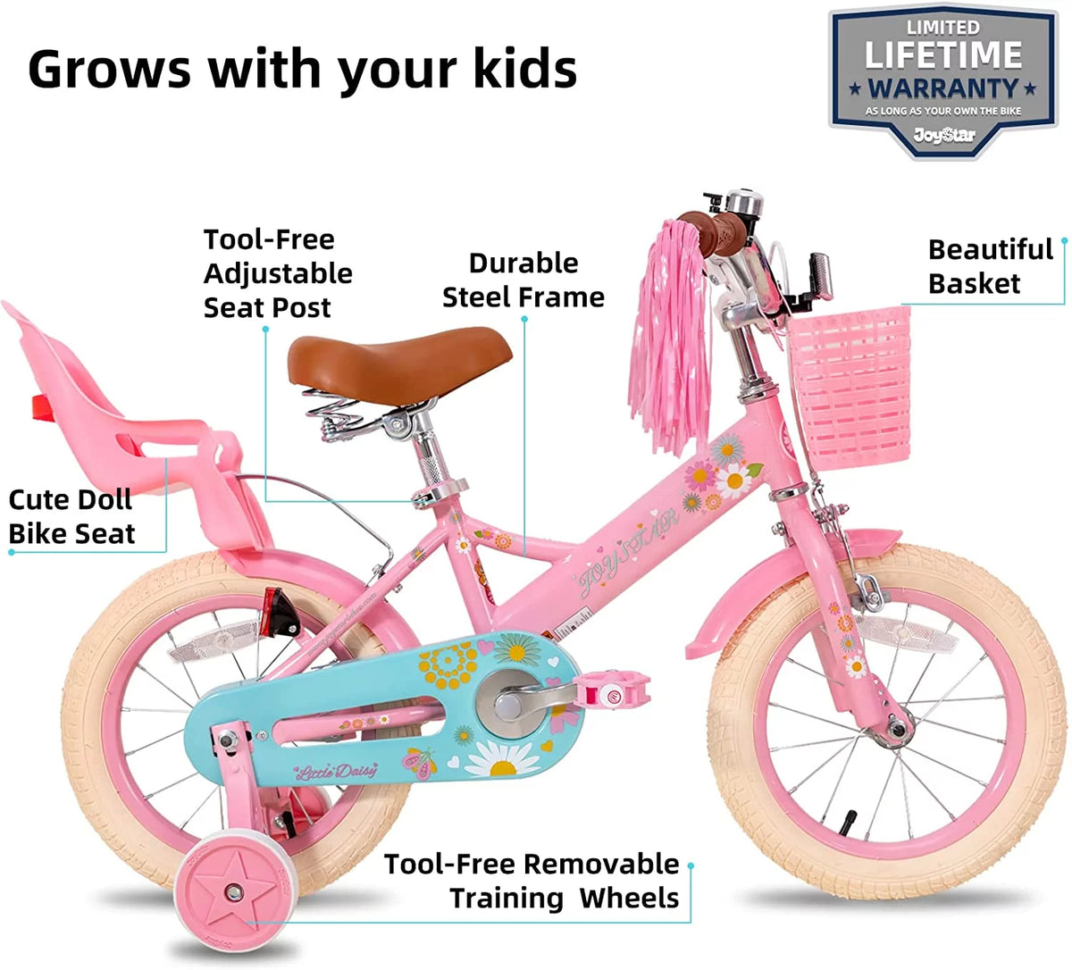16 Inch Kids Bike with Training Wheels Basket White D775