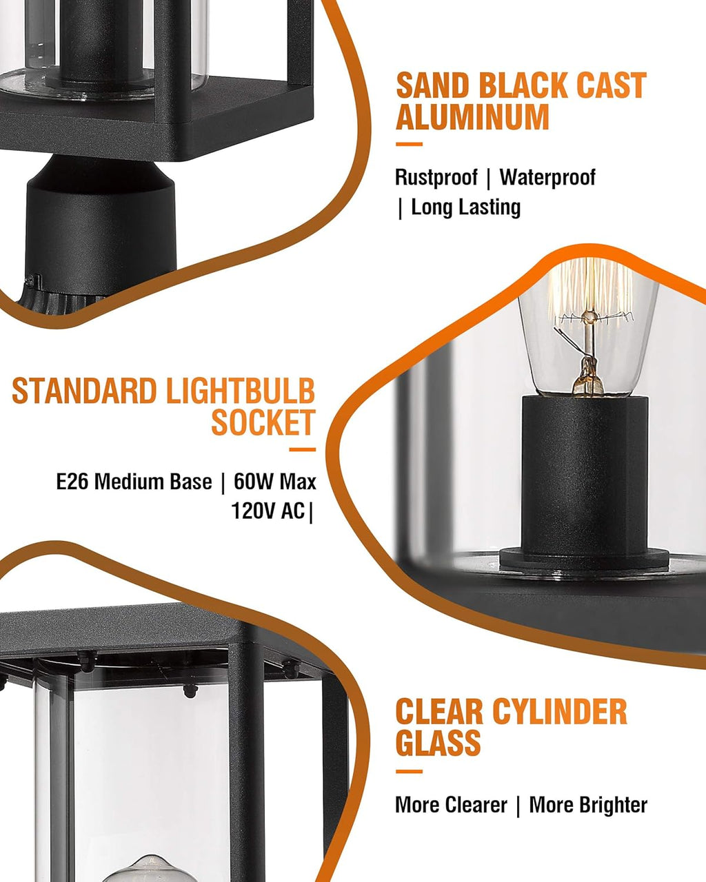 Sand Textured Black Cast Aluminum Outdoor Post Light with Clear Cylinder Glass E740