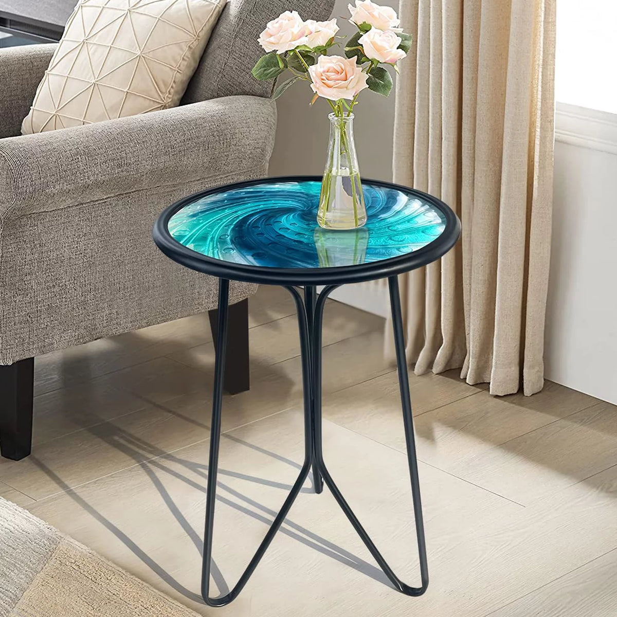 Mosaic Metal Round Glass Table 12x12x22 inch H80932