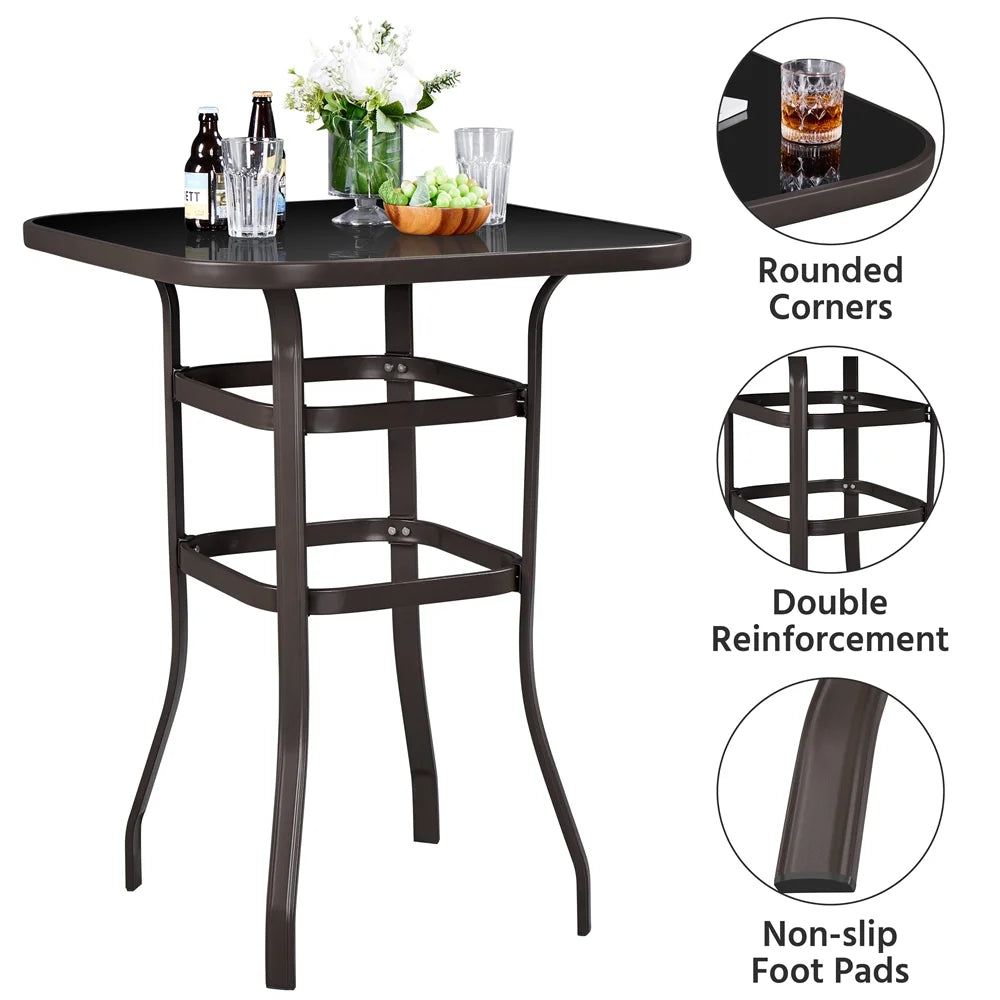 Black Bar Height Outdoor Bistro Table with Tempered Glass Tabletop N7340