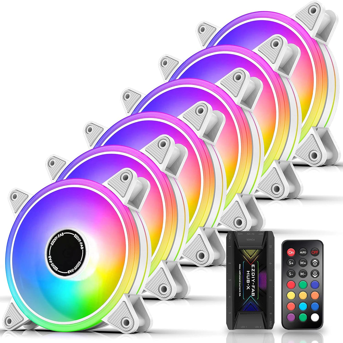 White 120mm RGB Case Fan with Hub and Remote, 6 Pack B375208