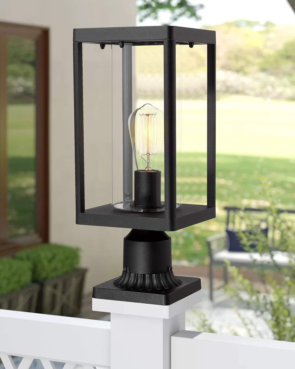 Sand Textured Black Cast Aluminum Outdoor Post Light with Clear Cylinder Glass E740