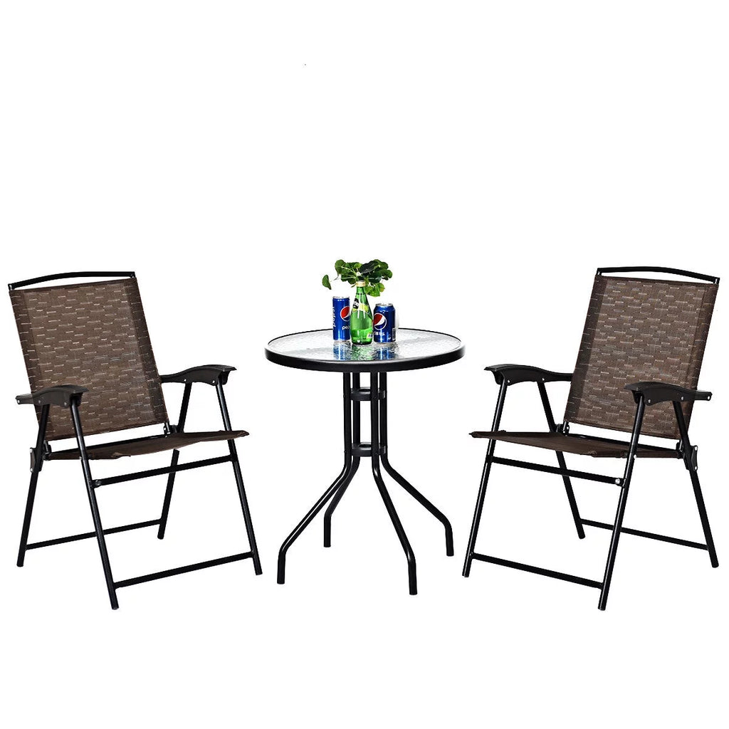 3PC Bistro Patio Furniture Set Folding Chairs Glass Table Top Steel F2648