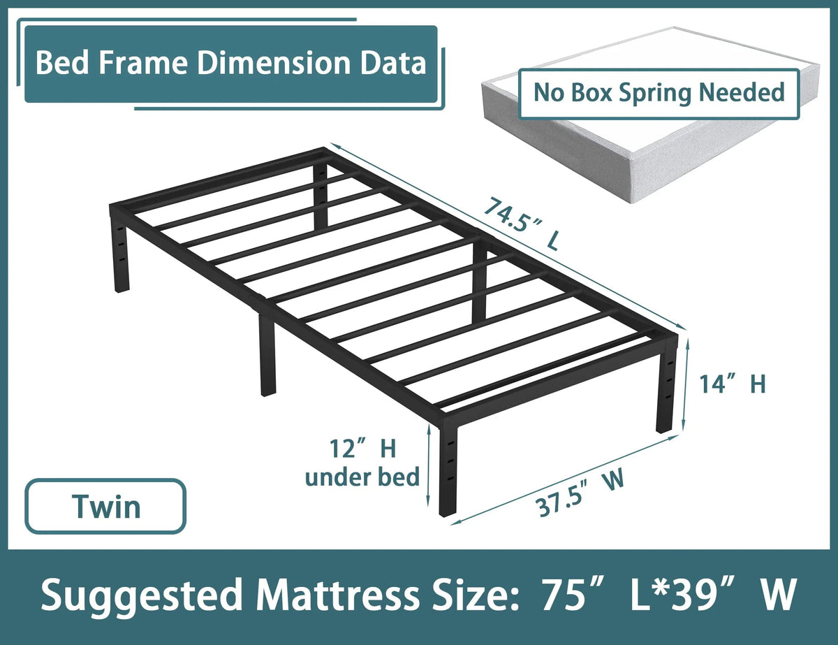 14'' Heavy Duty Twin Metal Platform Bed Frame J142