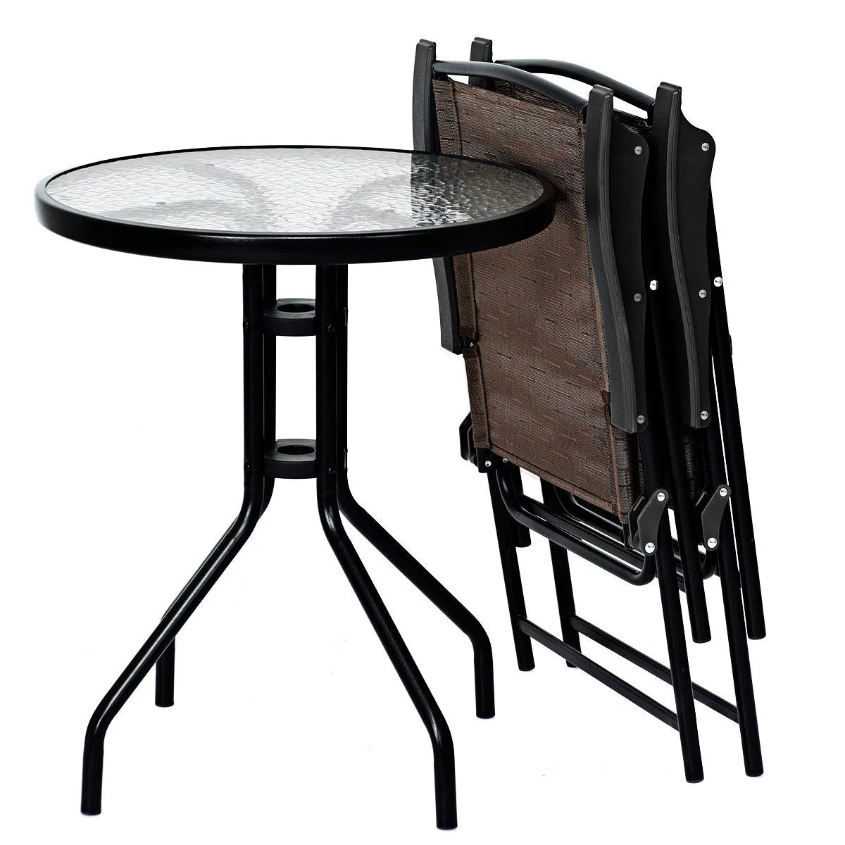 3PC Bistro Patio Furniture Set Folding Chairs Glass Table Top Steel F2648