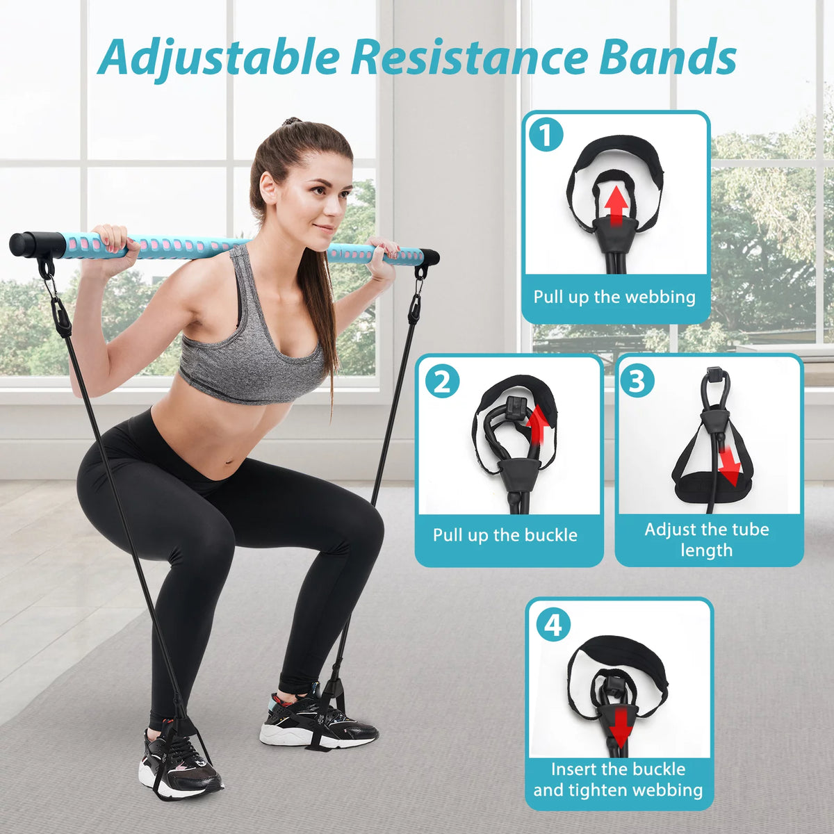 Adjustable Pilates Bar Kit with 4 Resistance Bands F7417