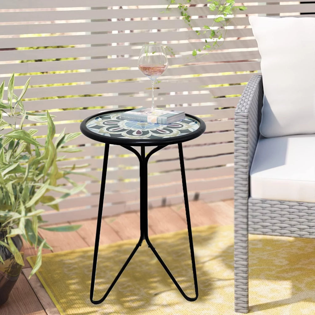 Mosaic Metal Round Glass Table 12x12x22 inch H80932