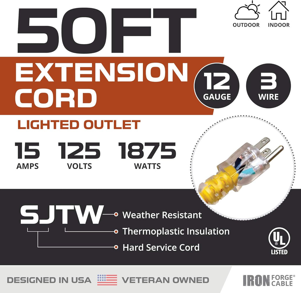 2 Pack of 50 Ft Yellow Heavy Duty 3 Prong Extension Cords Y216