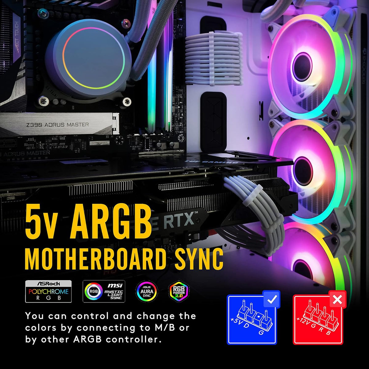 White 120mm RGB Case Fan with Hub and Remote, 6 Pack B375208