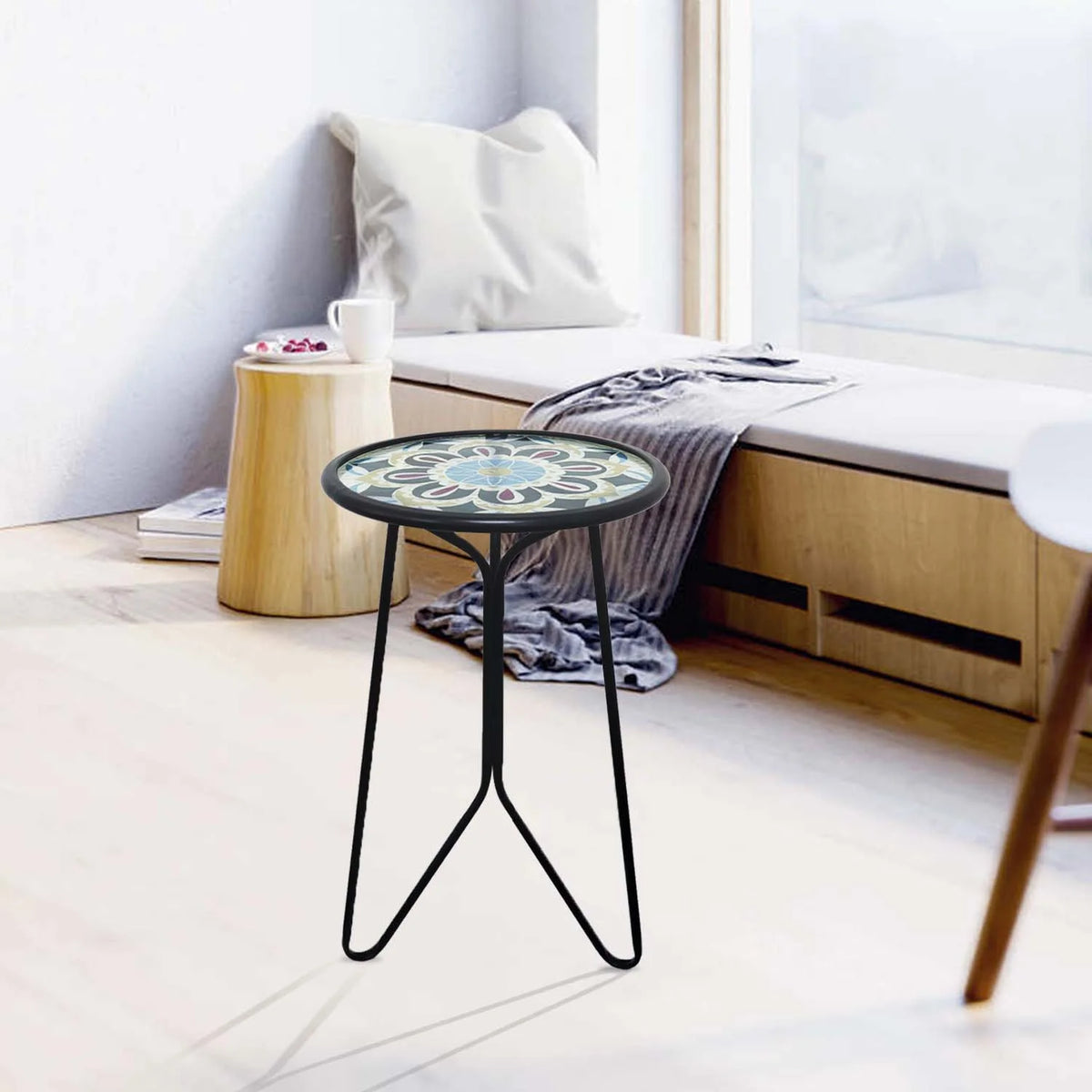 Mosaic Metal Round Glass Table 12x12x22 inch H80932