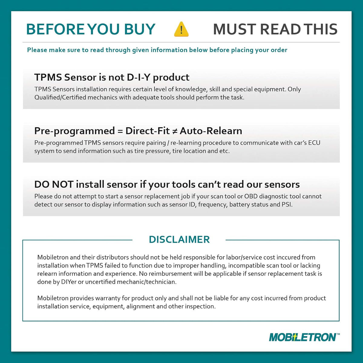 315MHz TPMS Tire Pressure Sensor 4-Pack V32554