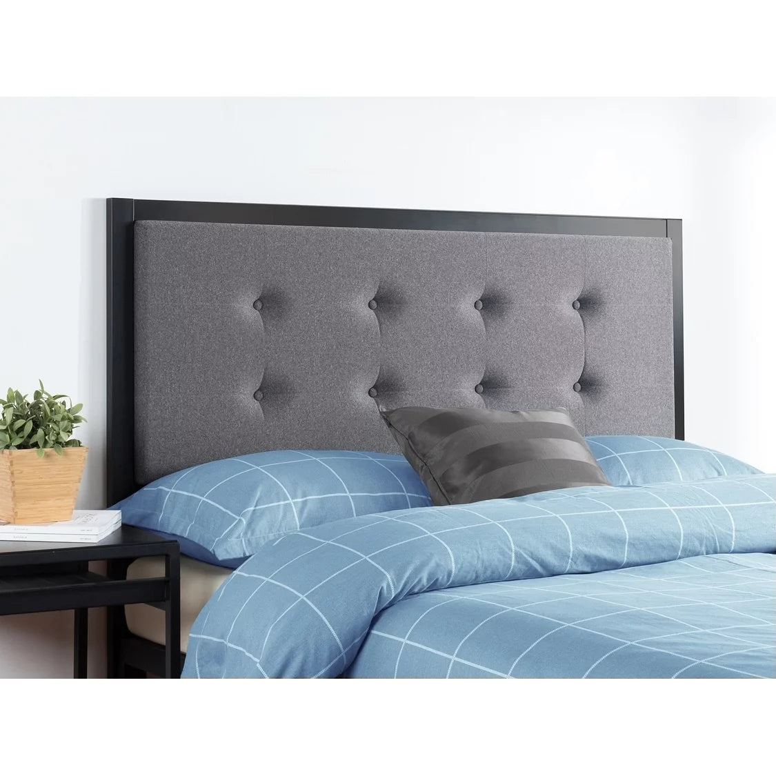 Queen Size Grey Upholstered Button Tufted Metal Headboard Y41047
