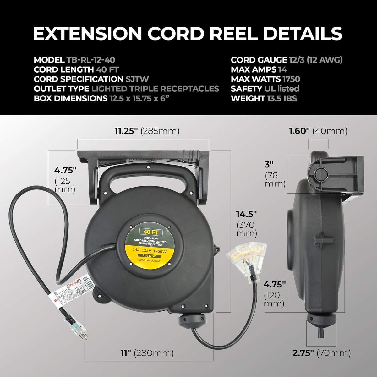 40 Ft 12/3 Retractable Extension Cord Reel with 3 Outlets X263779