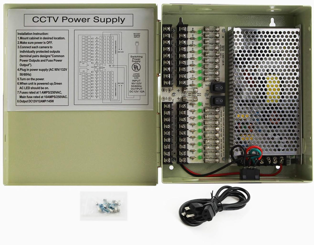 18 Outputs 12 Amp 12V DC CCTV Power Supply Box T49462