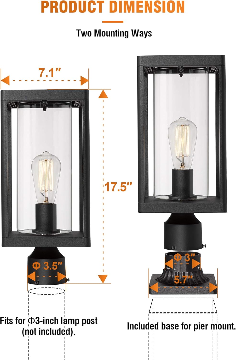 Sand Textured Black Cast Aluminum Outdoor Post Light with Clear Cylinder Glass E740