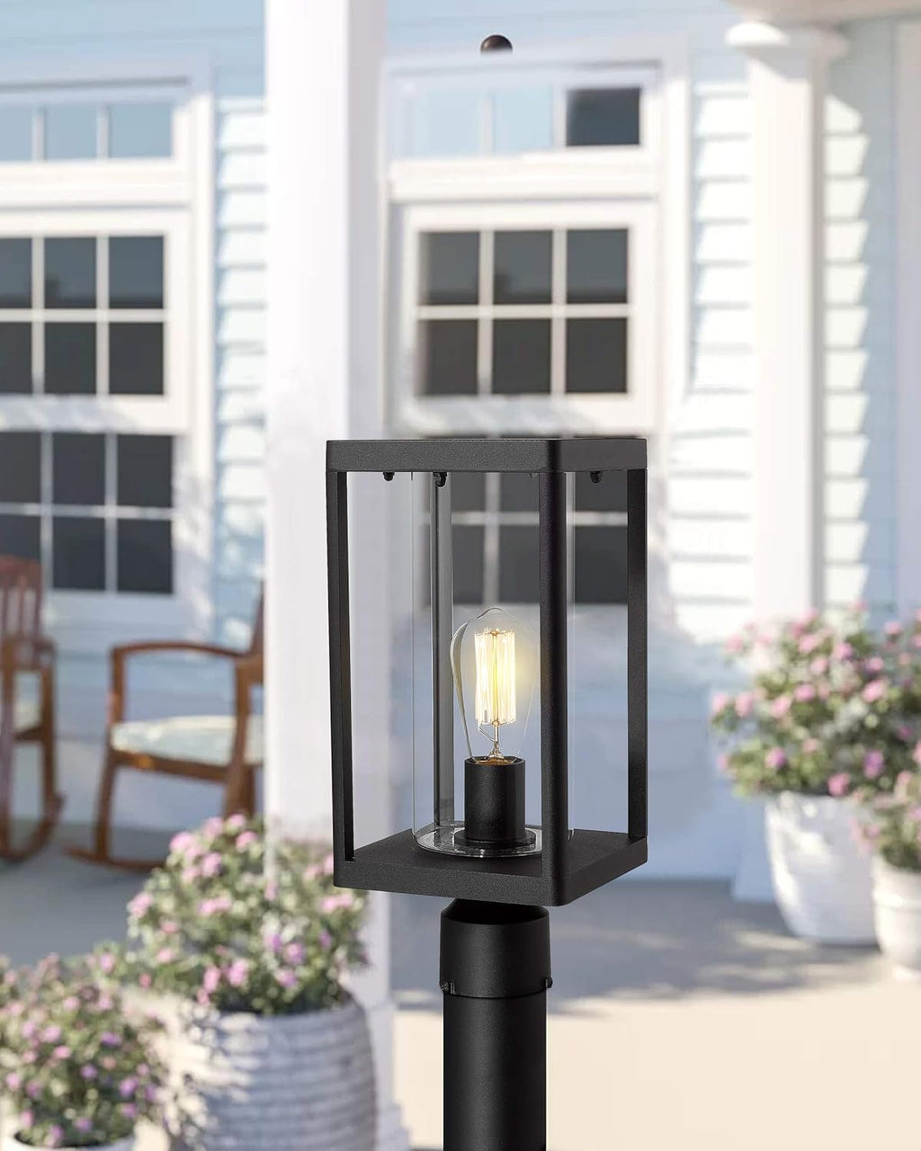 Sand Textured Black Cast Aluminum Outdoor Post Light with Clear Cylinder Glass E740