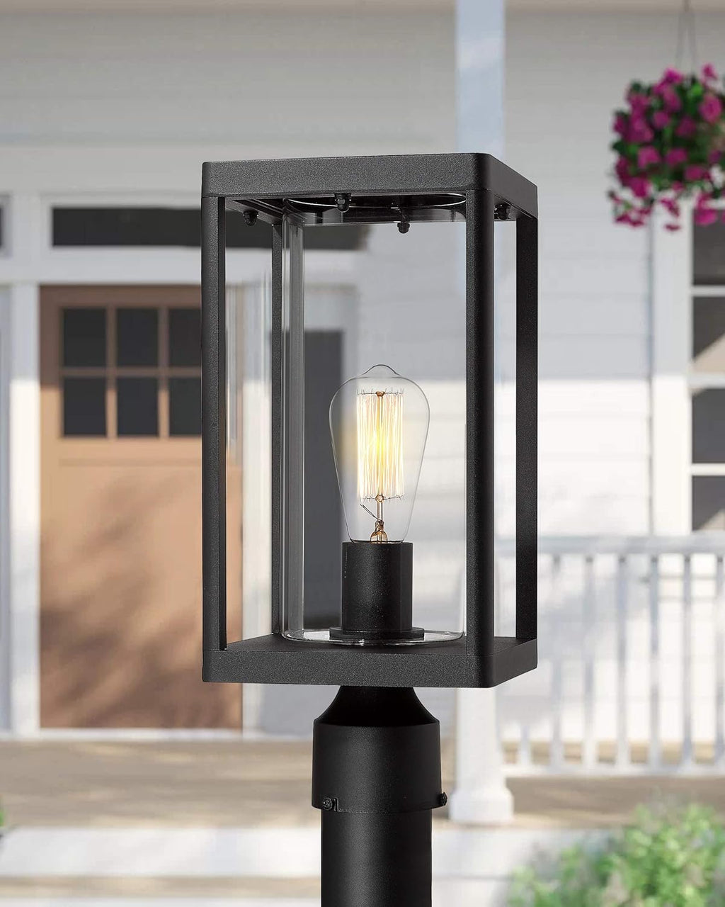 Sand Textured Black Cast Aluminum Outdoor Post Light with Clear Cylinder Glass E740