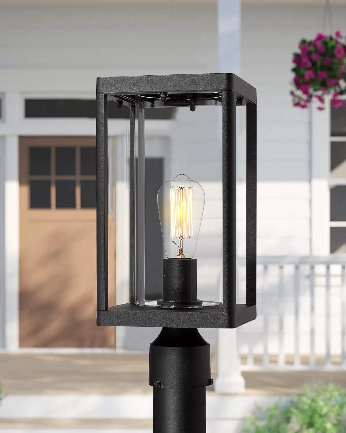 Sand Textured Black Cast Aluminum Outdoor Post Light with Clear Cylinder Glass E740
