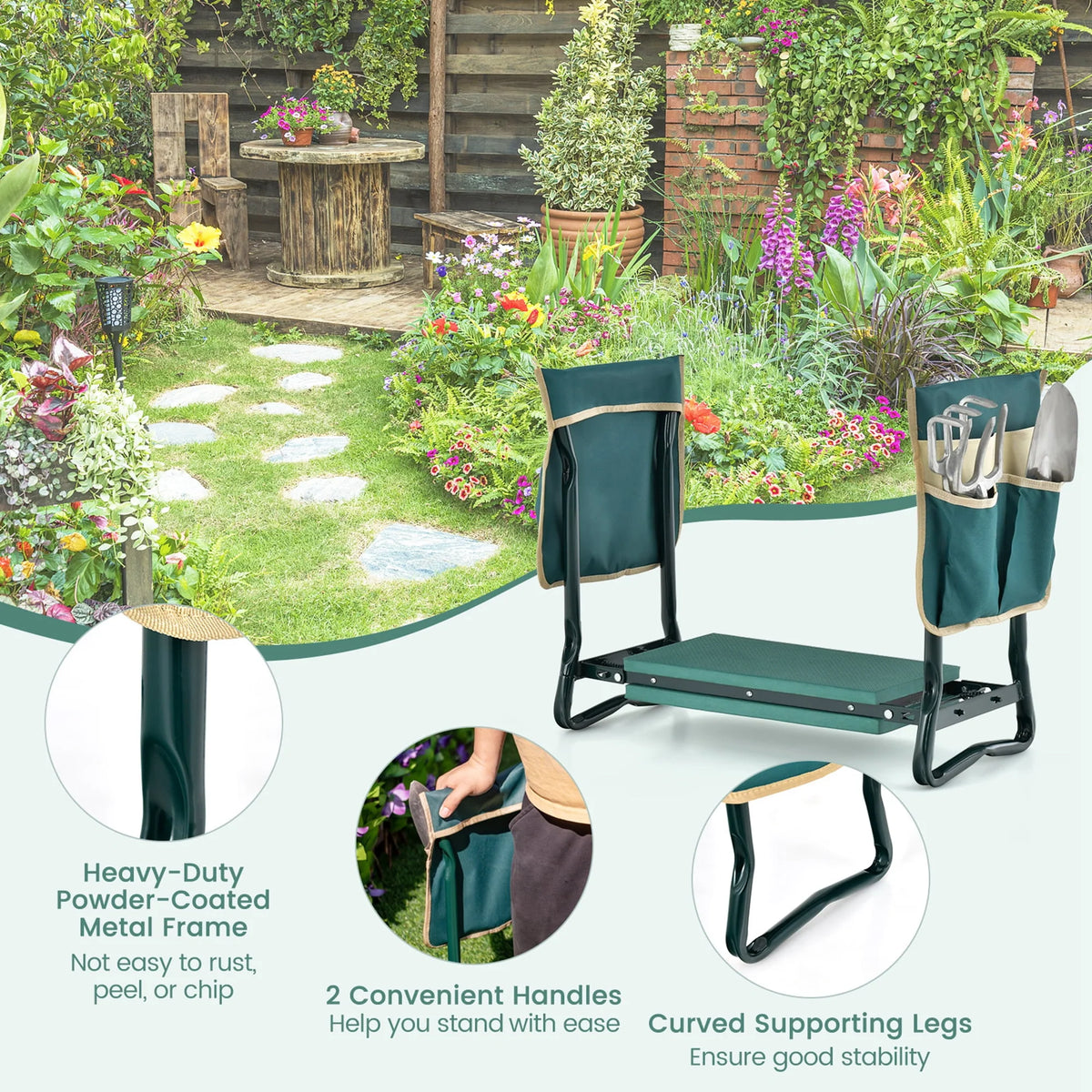 Folding Garden Kneeler Seat Bench with Tool Pouches G8833