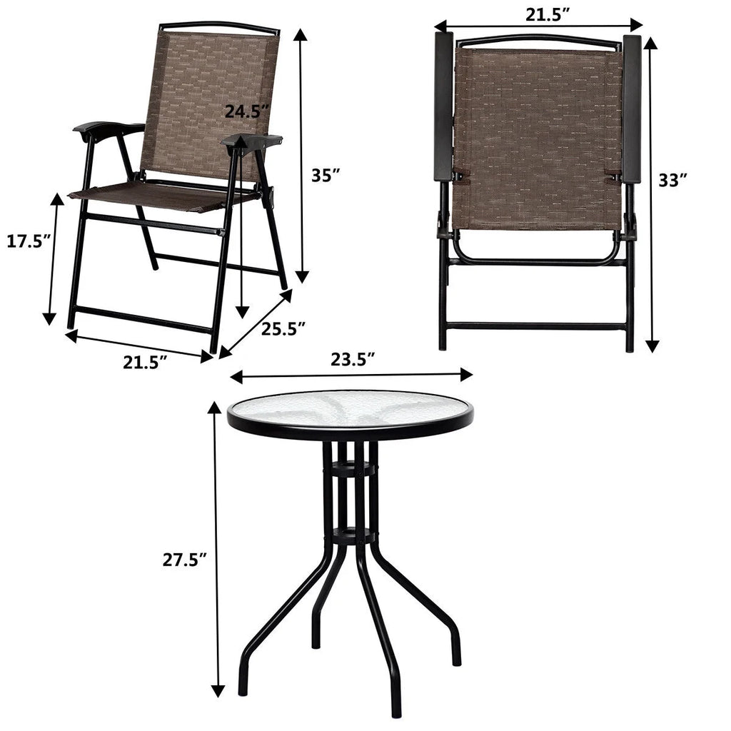 3PC Bistro Patio Furniture Set Folding Chairs Glass Table Top Steel F2648