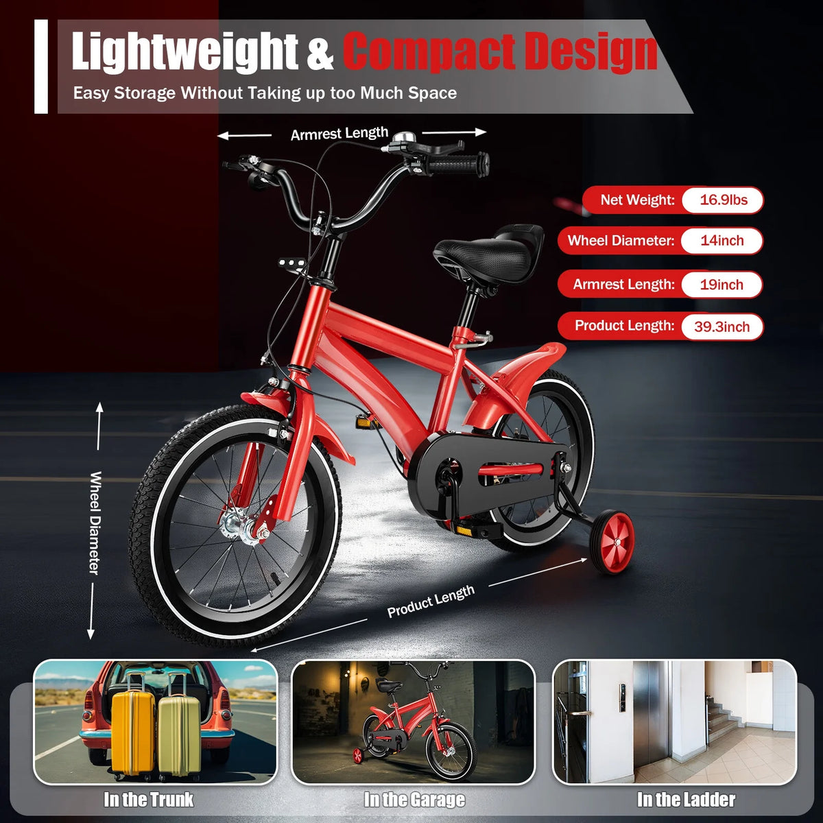 14 Inch Kids Bike with Training Wheels and Mudguards, Red Z8863