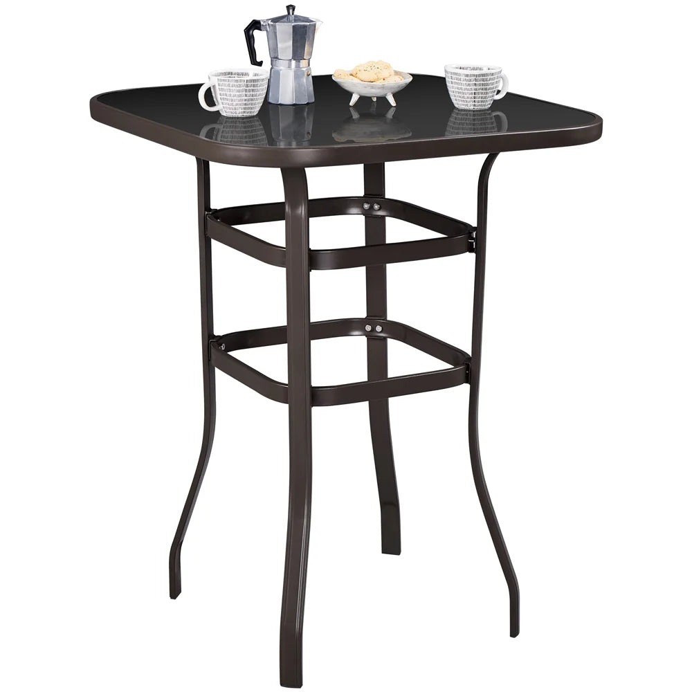 Black Bar Height Outdoor Bistro Table with Tempered Glass Tabletop N7340