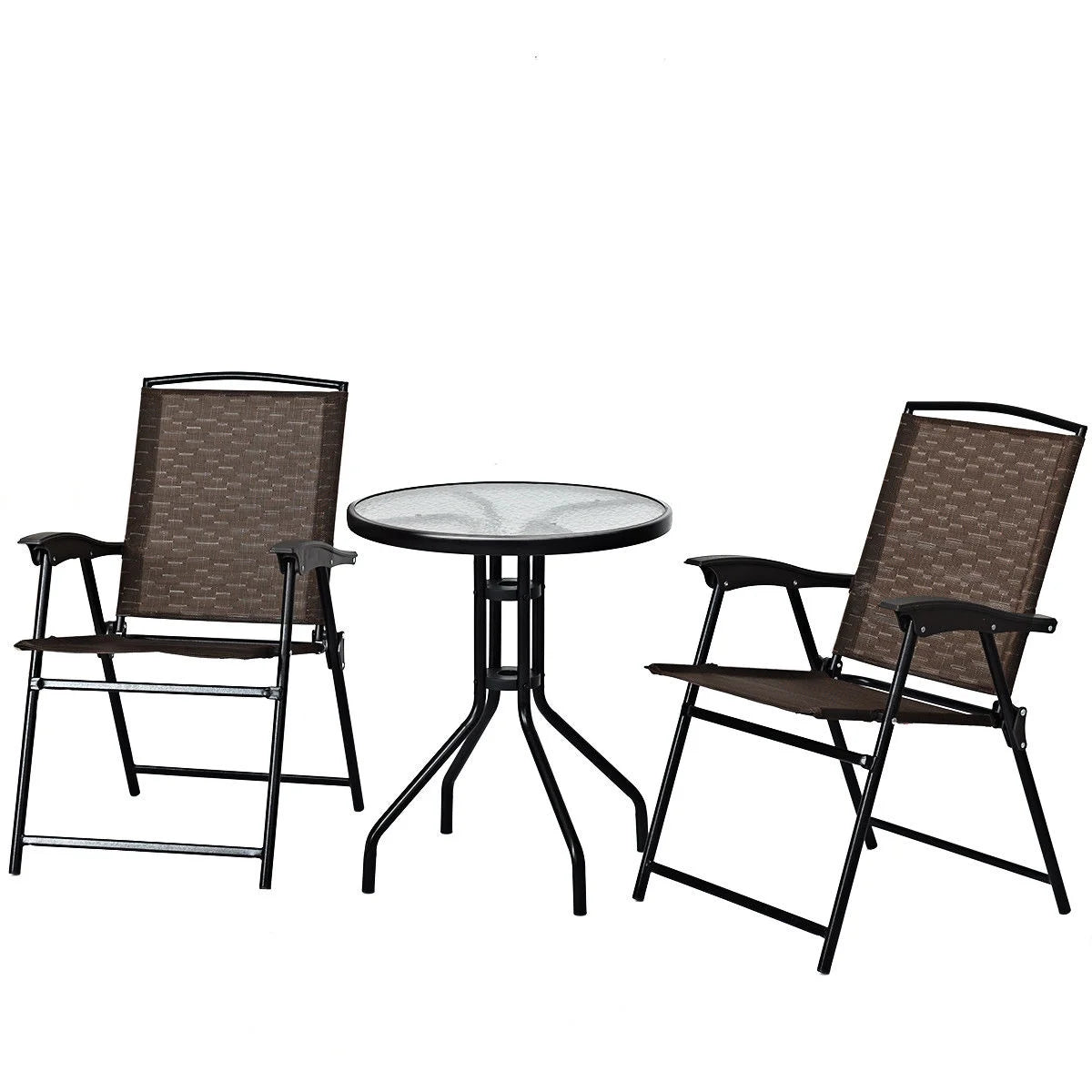 3PC Bistro Patio Furniture Set Folding Chairs Glass Table Top Steel F2648