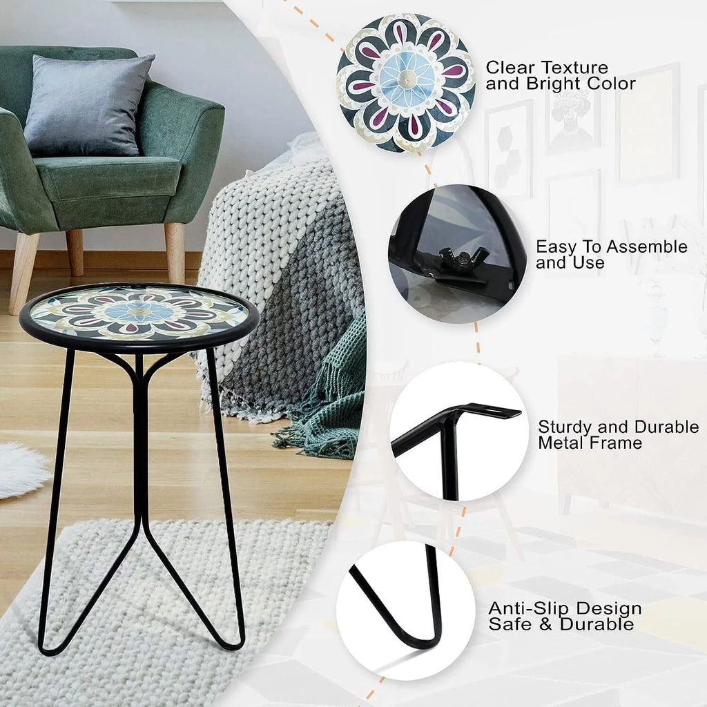 Mosaic Metal Round Glass Table 12x12x22 inch H80932
