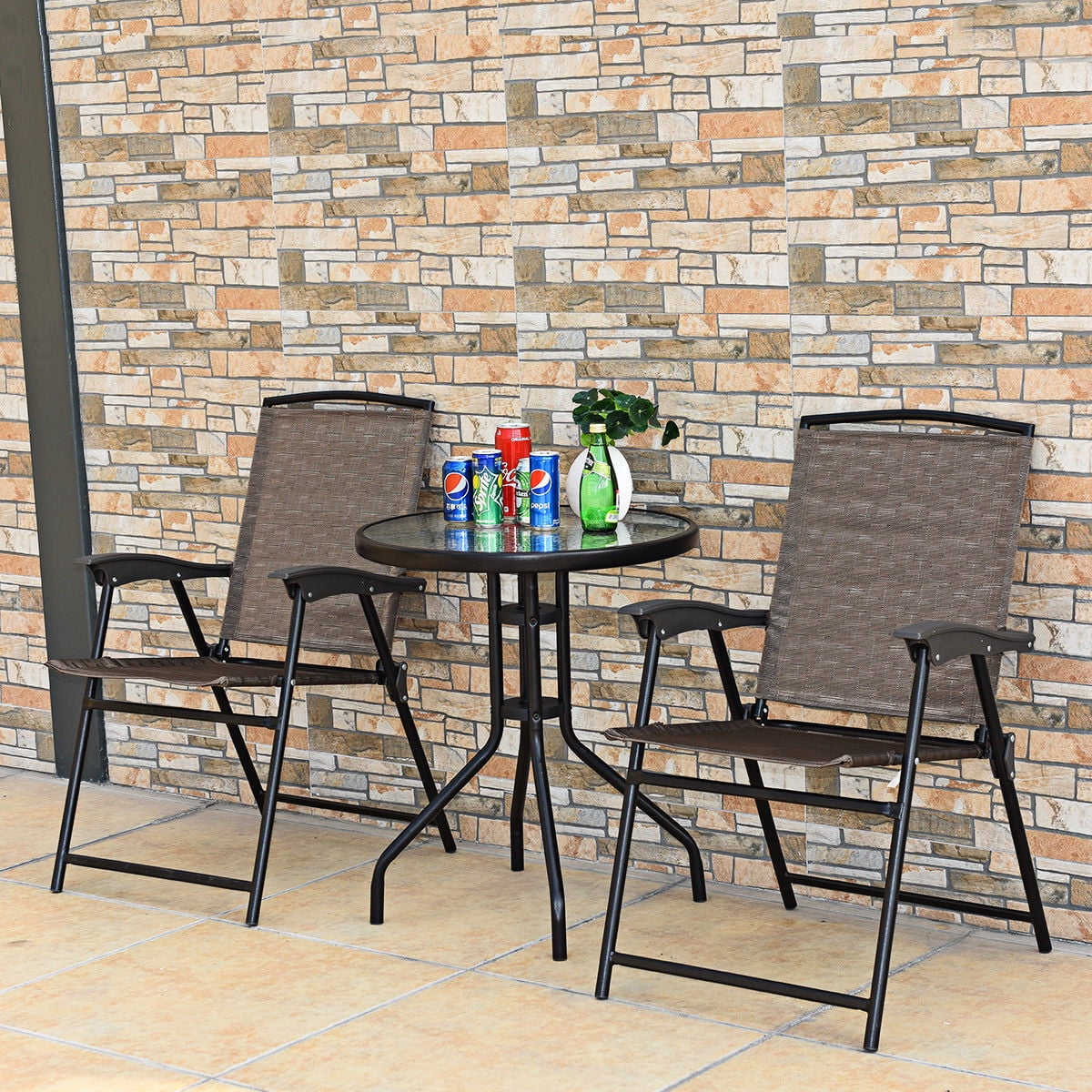 3PC Bistro Patio Furniture Set Folding Chairs Glass Table Top Steel F2648