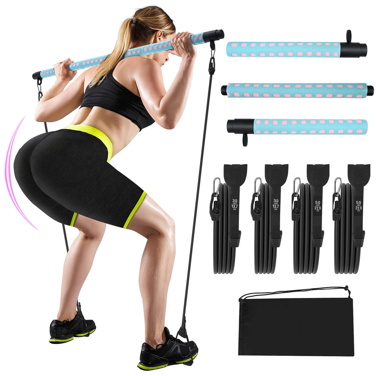 Adjustable Pilates Bar Kit with 4 Resistance Bands F7417
