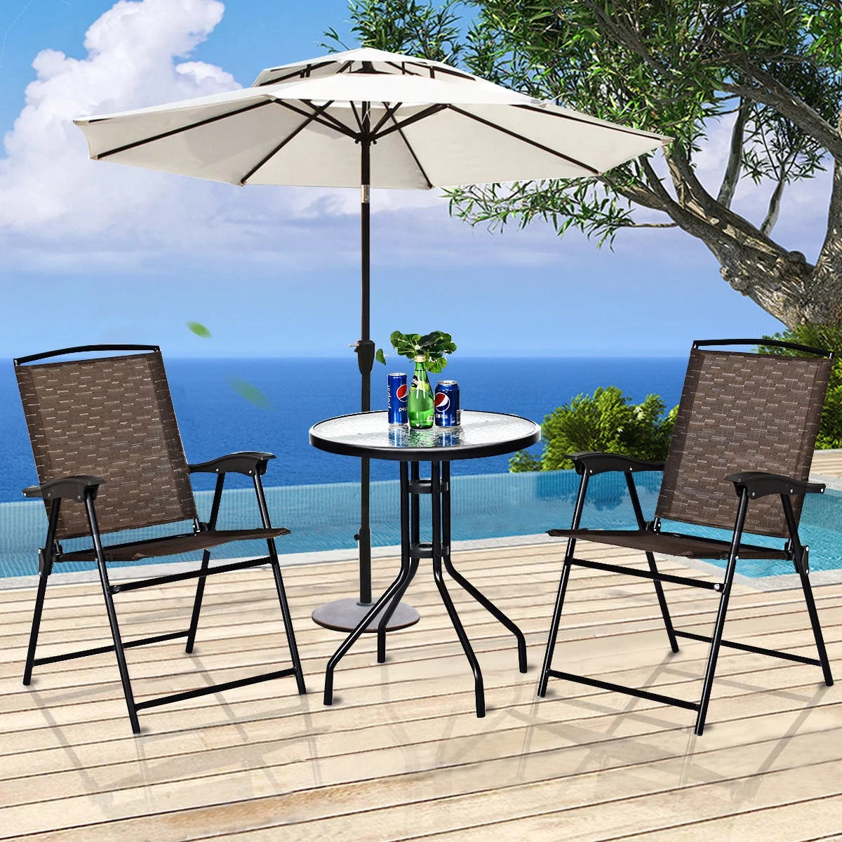 3PC Bistro Patio Furniture Set Folding Chairs Glass Table Top Steel F2648