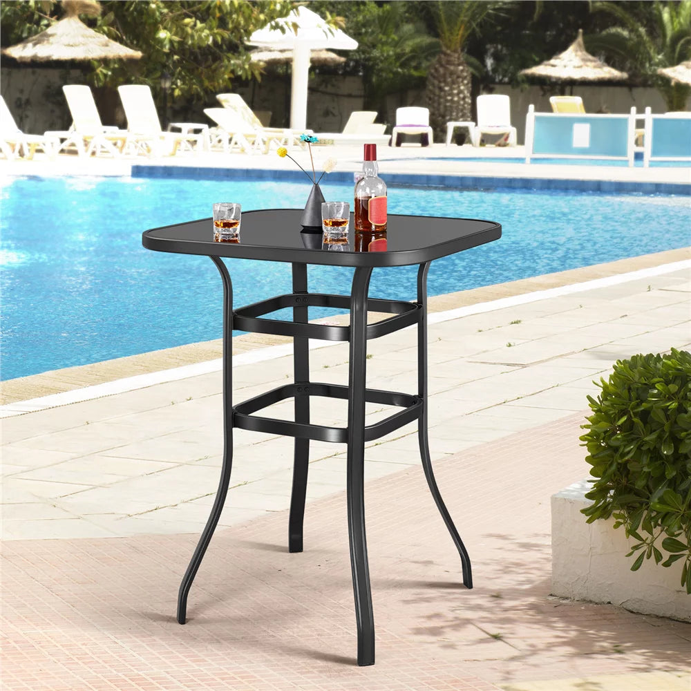 Black Bar Height Outdoor Bistro Table with Tempered Glass Tabletop N7340