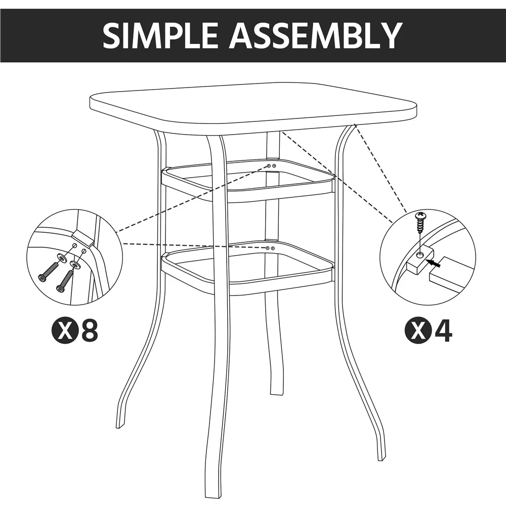 Black Bar Height Outdoor Bistro Table with Tempered Glass Tabletop N7340